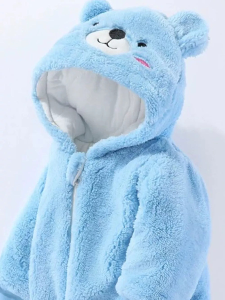 Pastel blue fleece baby bear hooded one-piece with embroidered face and ears.