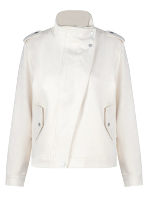 Ivory moto jacket with hip-length and zip-front