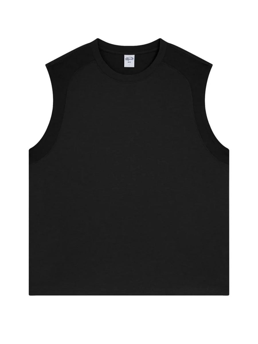 Black sleeveless shoulder-seam tank top with a crew neck.