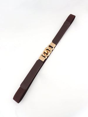 Chain detail faux leather elastic belt in chocolate with gold hardware.