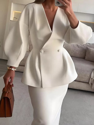 Milky White blazer with hip-length and button-front