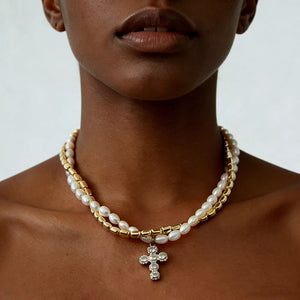 Elegant Pearl Alloy Necklace With Rhinestone Cross Pendant in Gold