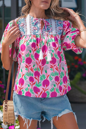 Fuchsia Pink Floral Print Short Sleeve Tassel Tie Blouse