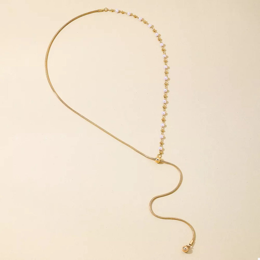 Synthetic Pearl,18K Gold-Plated,Alloy Care instructions: Avoid wearing during ex necklace in white with Y-drop silhouette