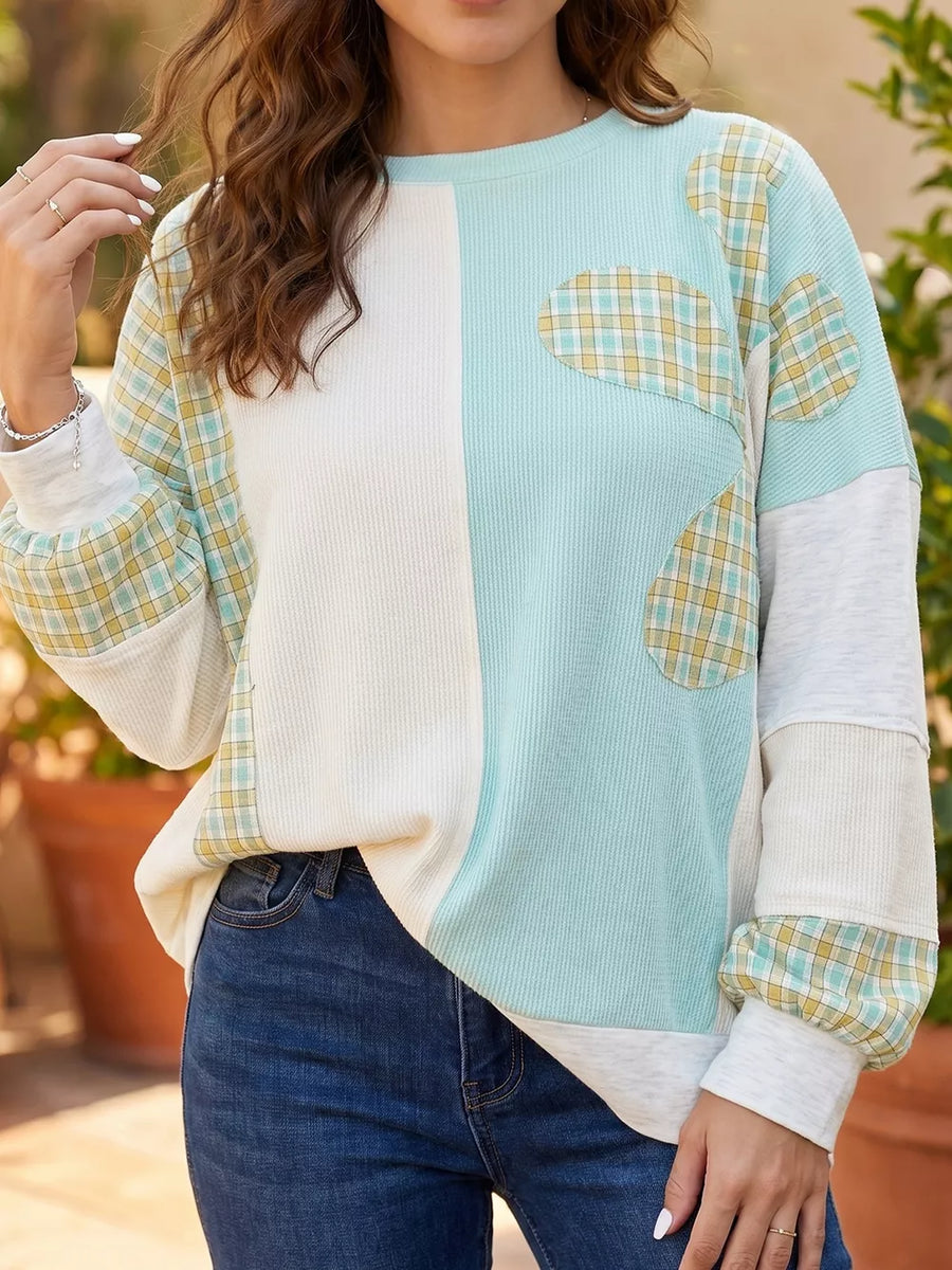 Plaid Patchwork Round Neck Long Sleeve Top in Mint Blue