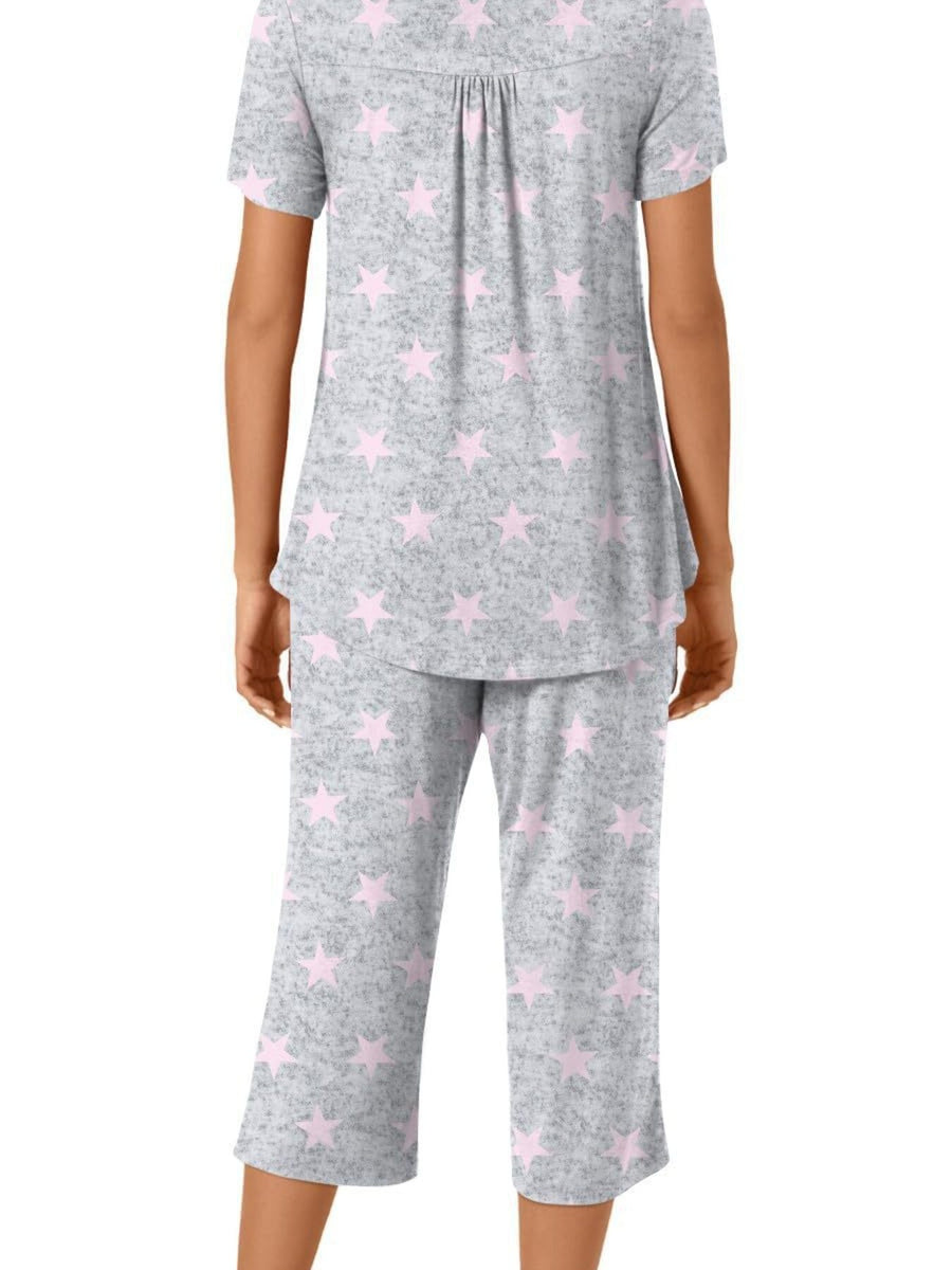 light pink pajama set featuring buttoned and star-print
