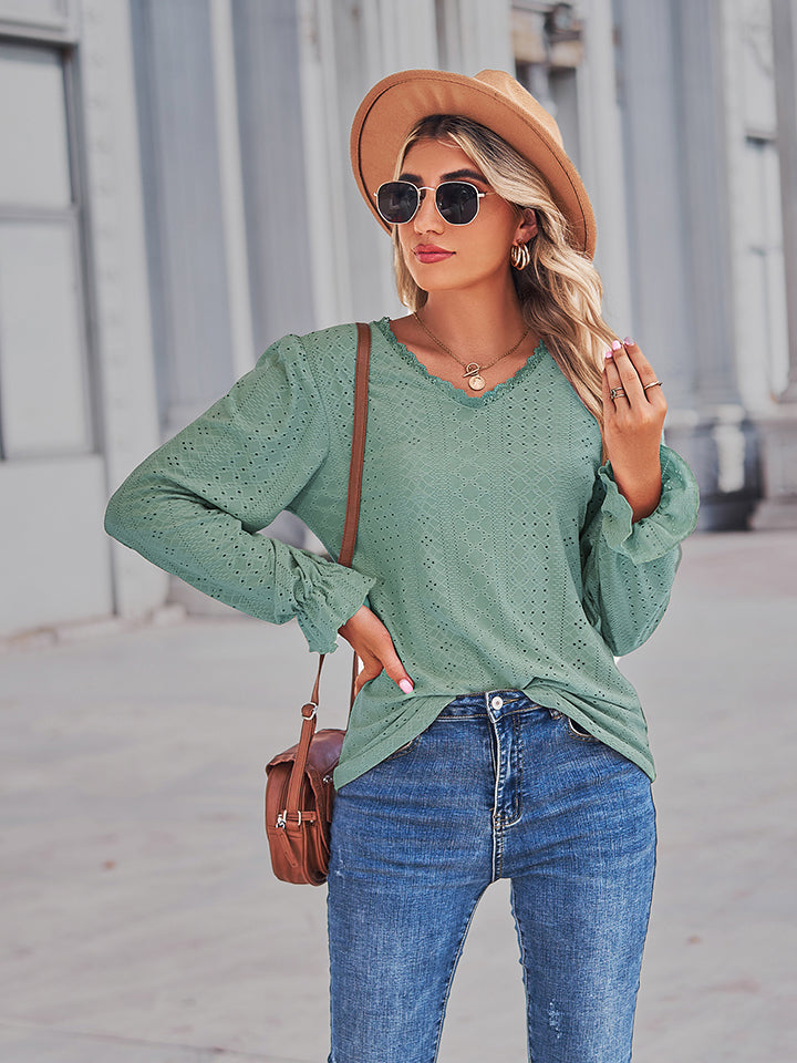 Lace-cut prairie blouse in Gum Leaf green with ruffled sleeves and V-neck