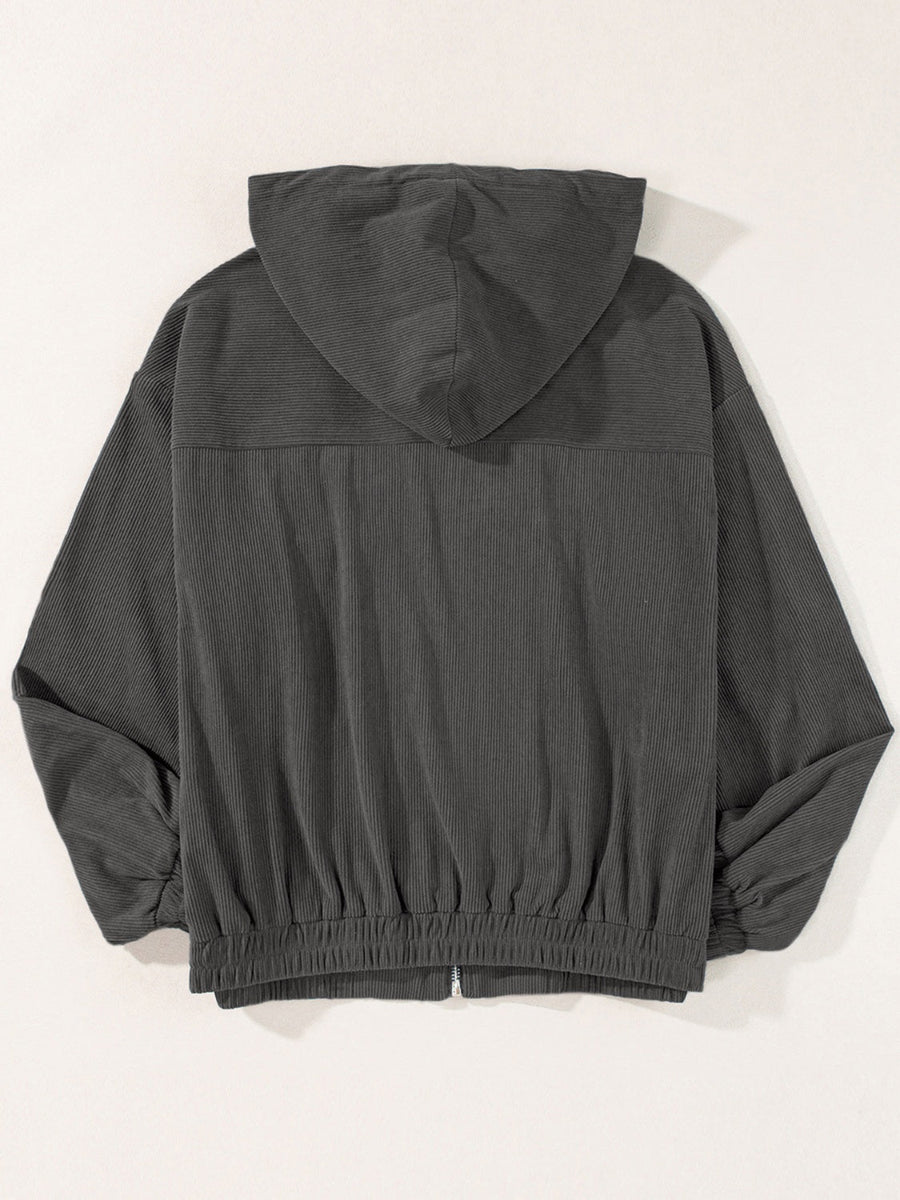 Dark Gray corduroy relaxed fit zip-up hoodie with elastic cuffs and hem.