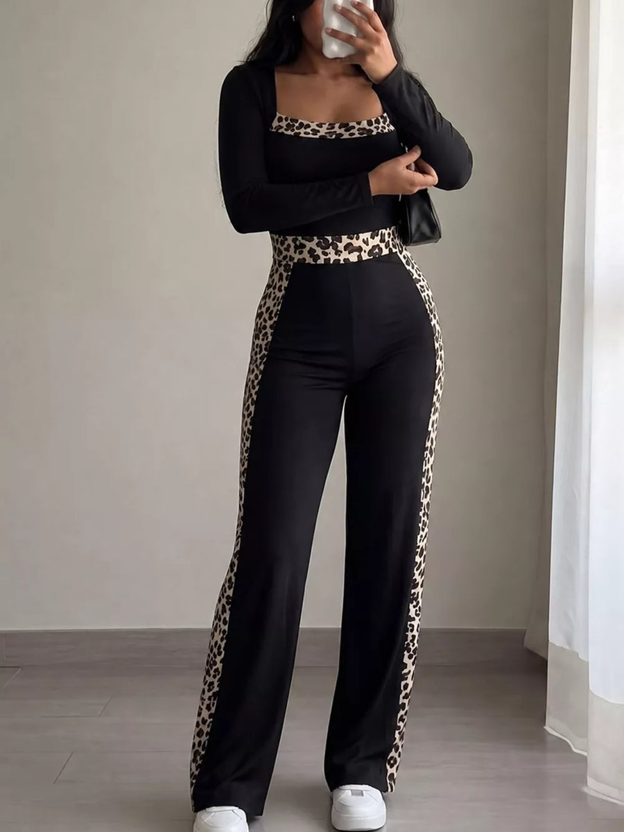 tan jumpsuit featuring leopard trim and leopard