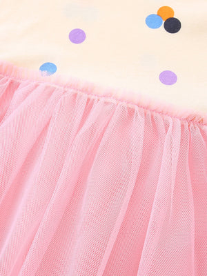 Toddler dress with playful polka dots and pink tulle skirt.
