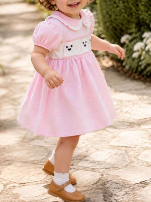 A-line dress in white with striped and ruffled