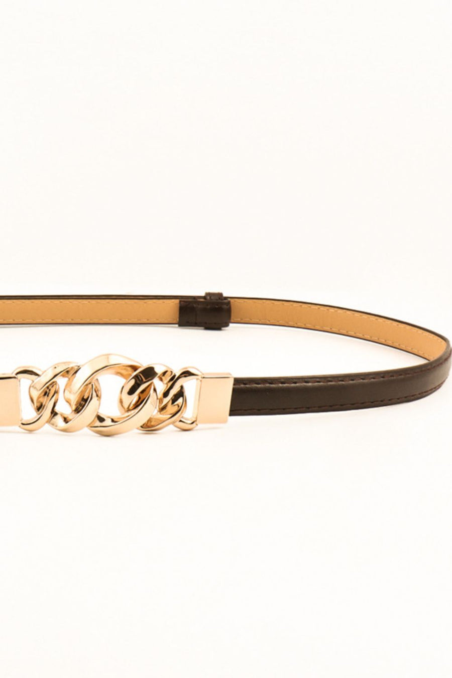 Chain link buckle belt in chocolate brown leather with gold-tone chain detail.