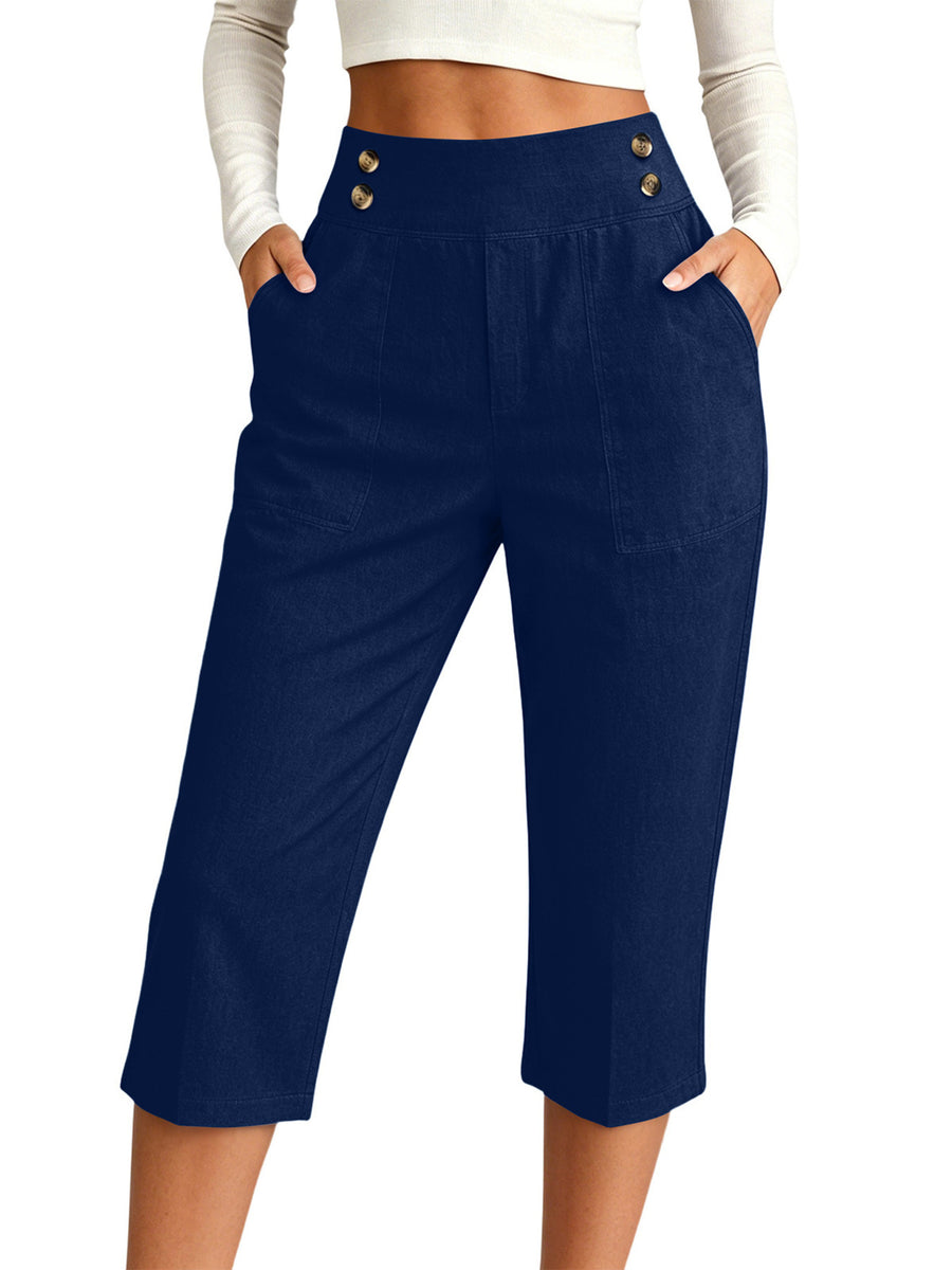High-Waisted Button-Detail Cropped Pants Plus Size in White with pocketed