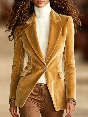dusty rose blazer with hip-length and button-front