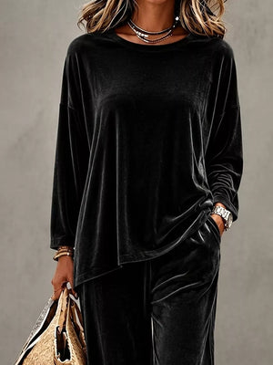 red relaxed top and pants set with round neck