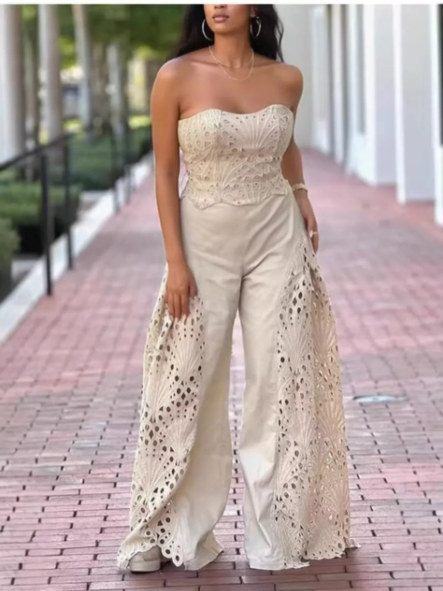 Apricot openwork strapless corset top and wide-leg pants set with intricate detailing.