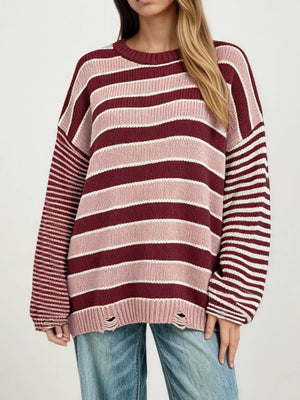 burgundy pullover sweater with striped and crew neck