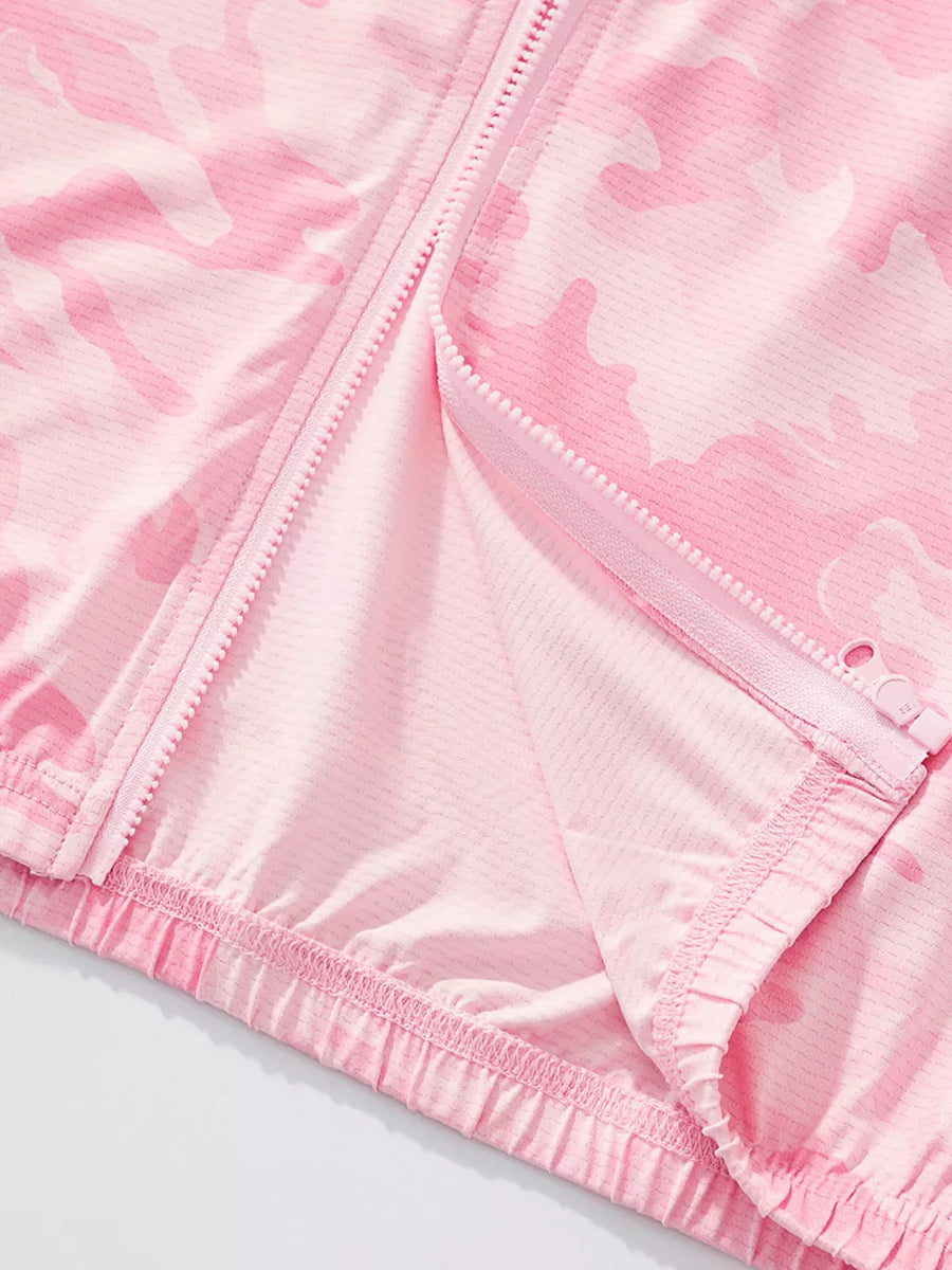 Lightweight pink camouflage hooded jacket for kids, featuring a full zip closure and elasticated hem.