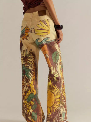 wide-leg jeans featuring mixed-motif print in light blue with 50%cotton, 50%spandex Care instructions: Machine wash cold