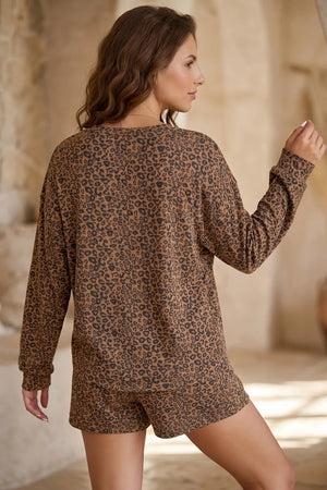 Leopard Print Long Sleeve Henley Top & Shorts Set in Coffee Brown
