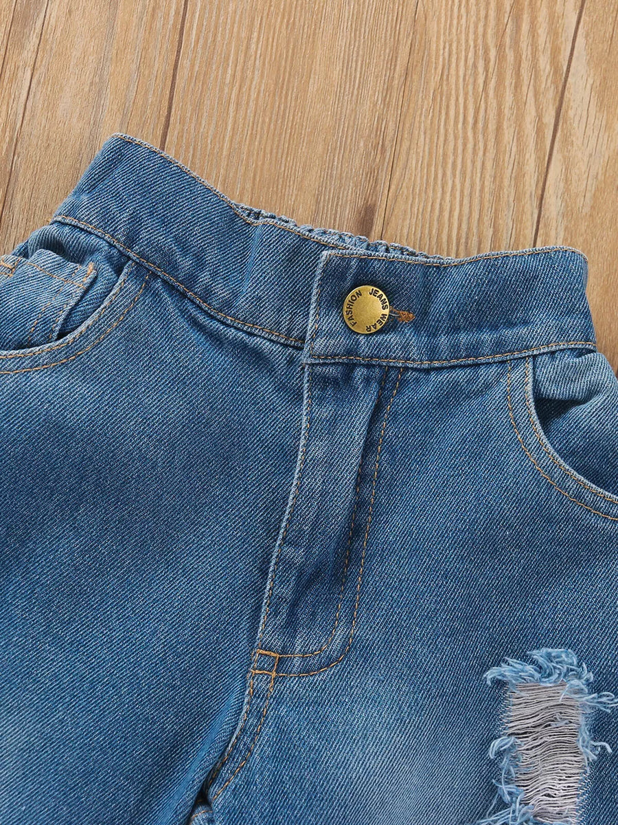 Children's Tie Shoulder Tank And Distressed Jeans Set option 5