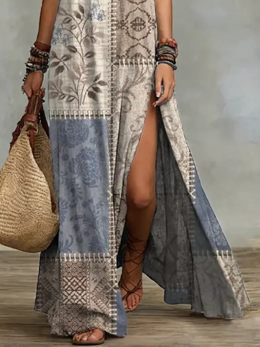 slate blue maxi dress featuring slit and patchwork