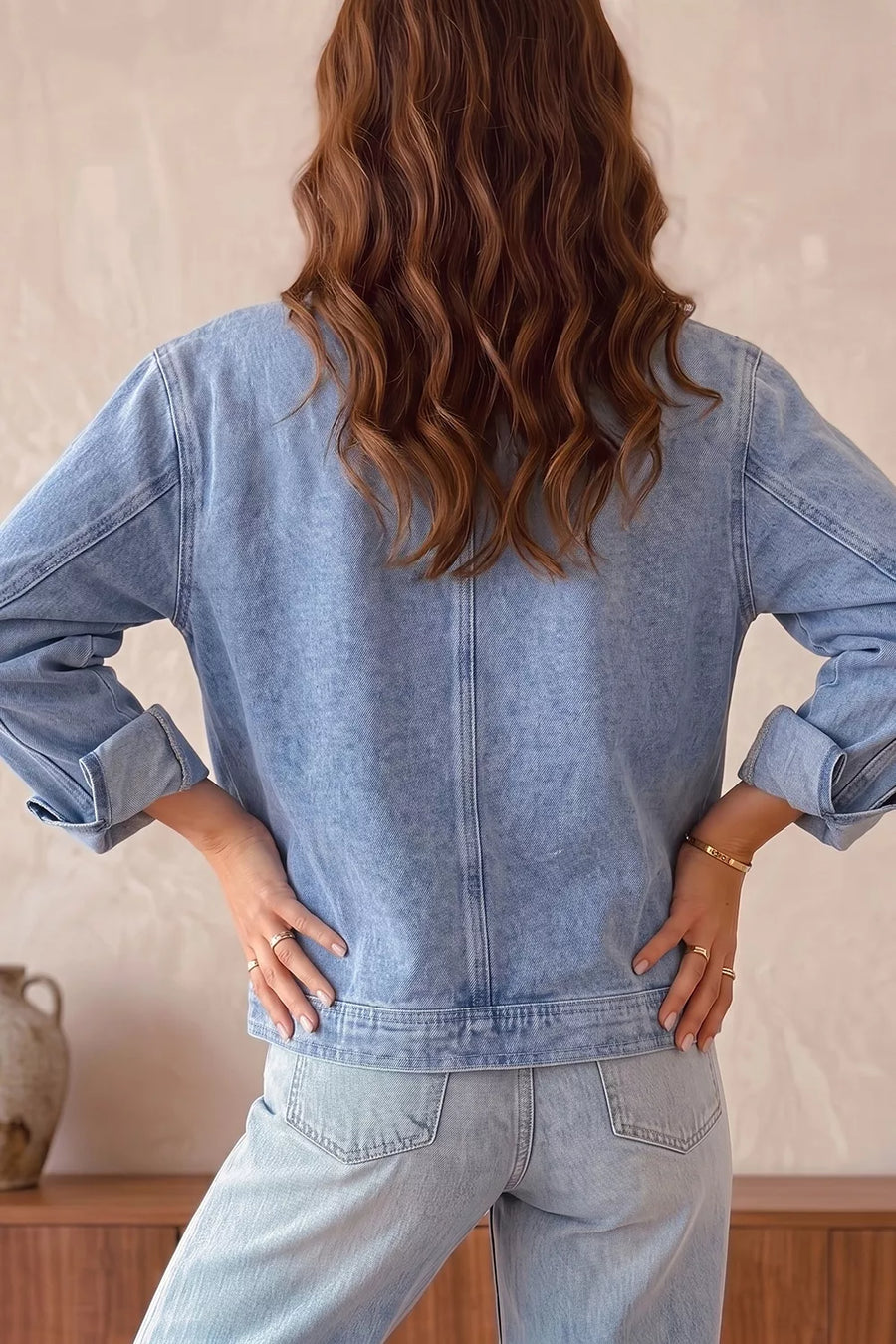 Studded Zipper Rivet Pockets Denim Jacket in this colorway