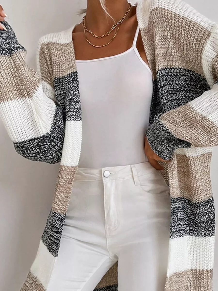 cardigan in tan with striped and oversized