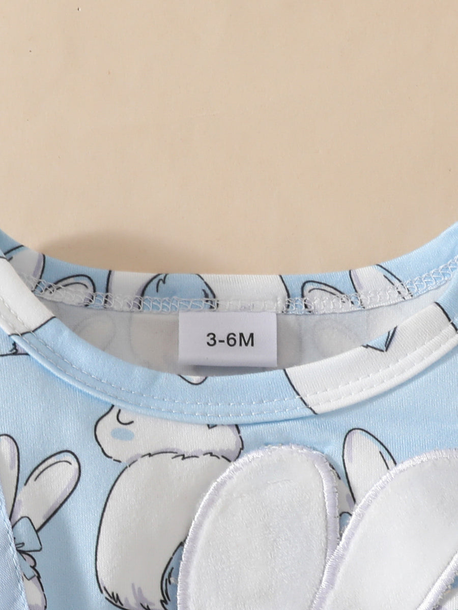Sky blue baby dress with bunny applique and print, round neck.