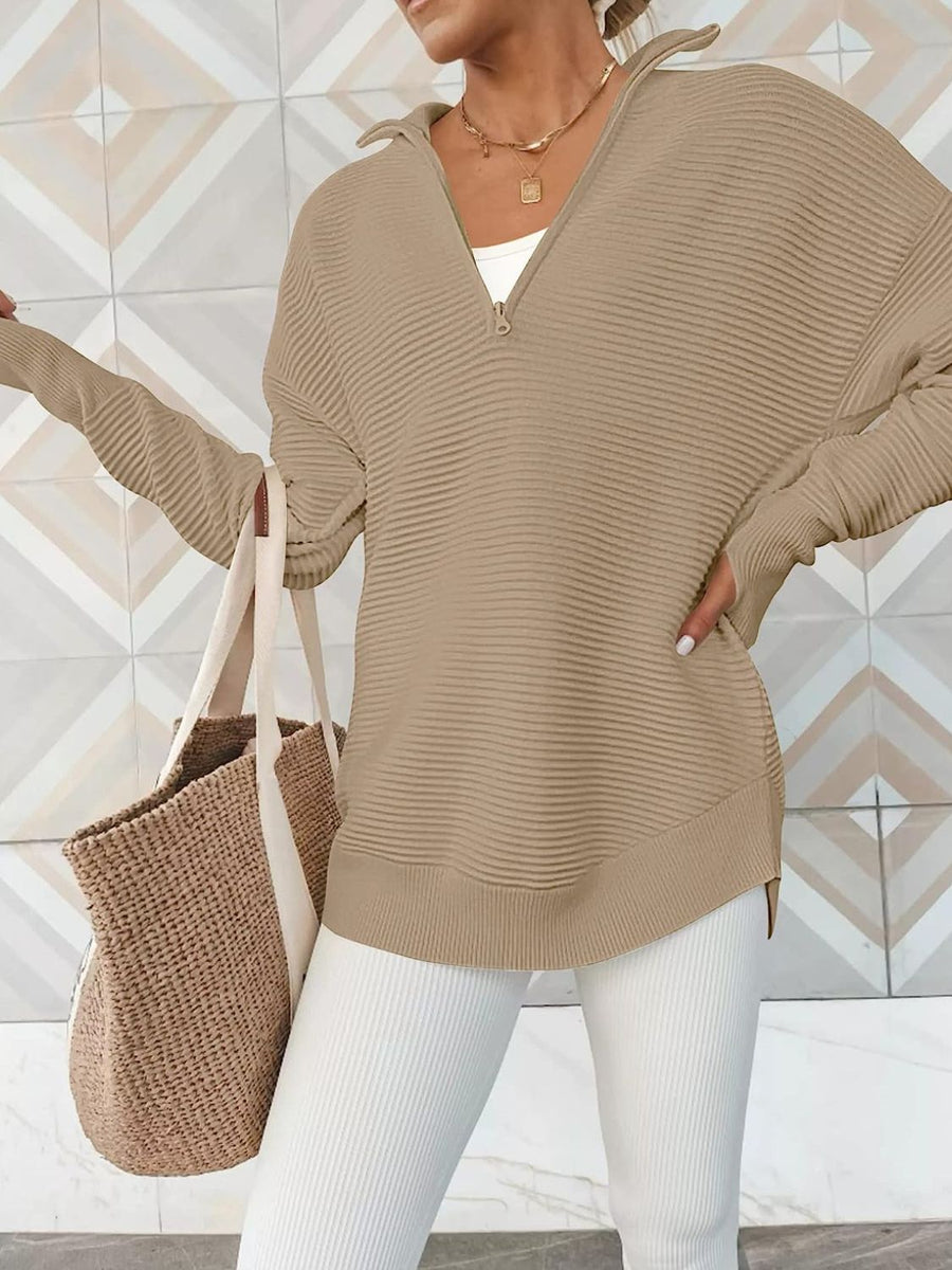 Camel ribbed knit pullover sweater with funnel neck and quarter zip, long sleeves.
