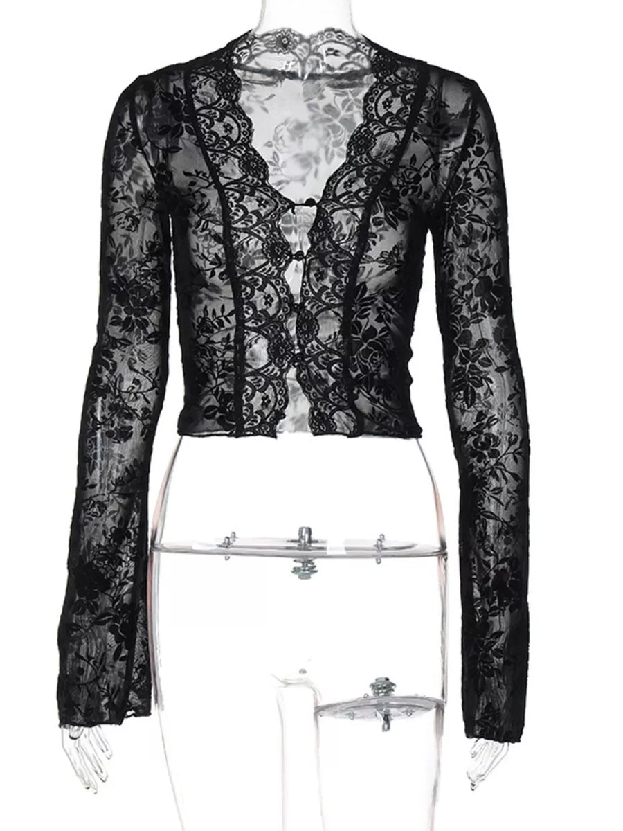 Black lace sheer sleeve t-shirt with button front and V-neckline.