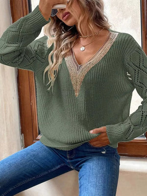 v-neck sweater in Beige with openwork and openwork