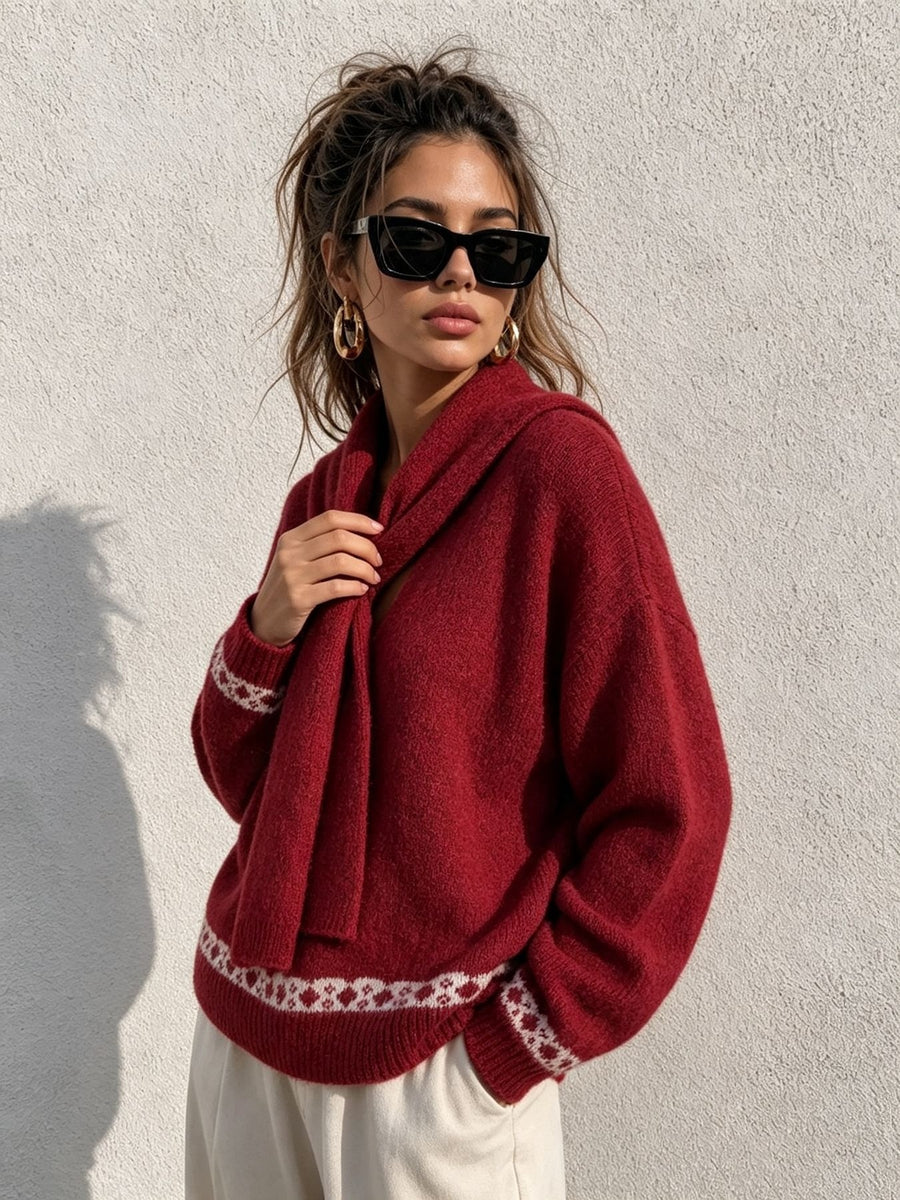 Scarf Detail Dropped Shoulder Sweater in dark brown