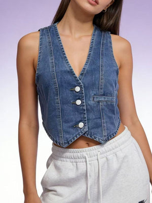 Chic button-down denim vest in dark blue with a V-neck and chest pocket.