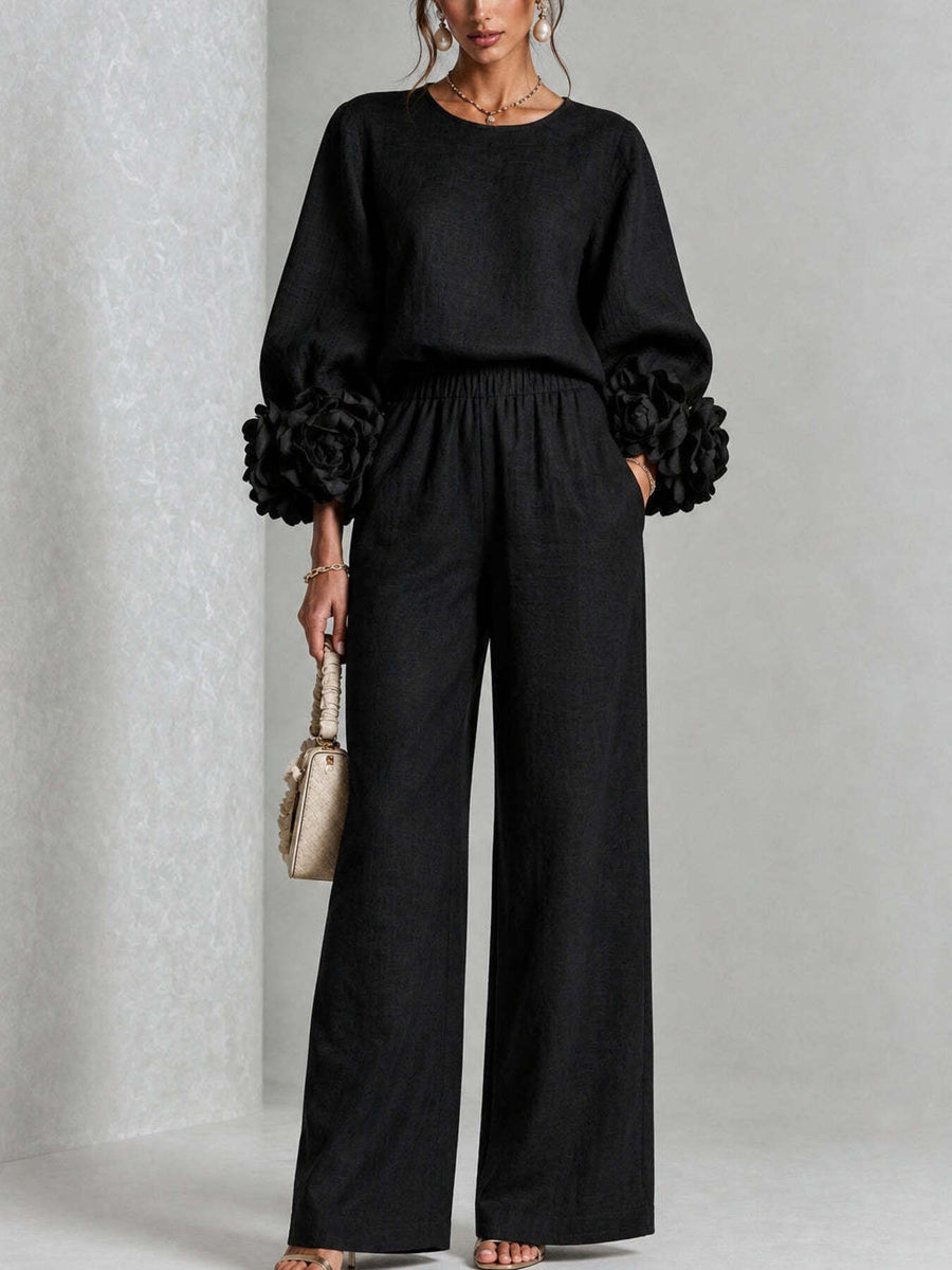 100% polyester Care instructions: Machine wash cold two-piece set in Black with relaxed (top), wide-leg (pants) silhouette