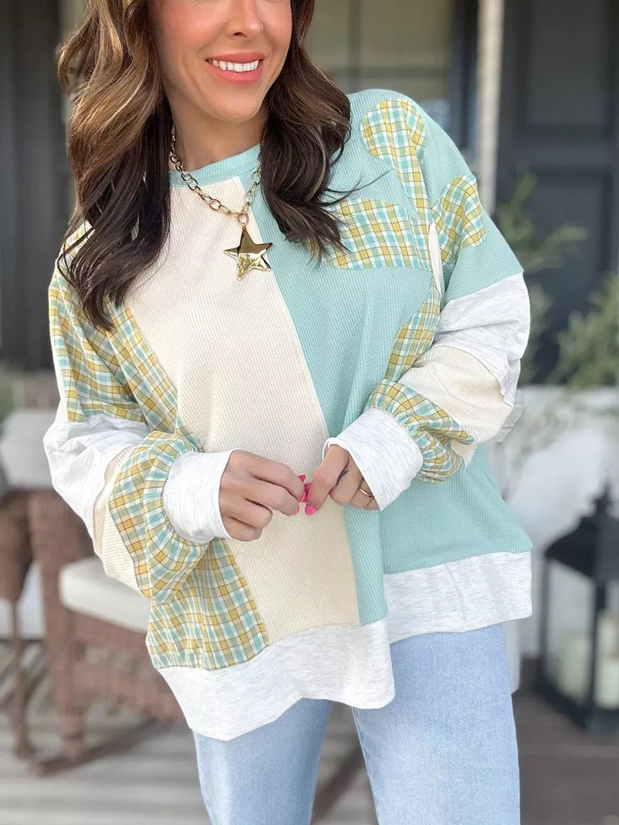 Mint Blue with Plaid Patchwork Round Neck Long Sleeve Top in Mint Blue