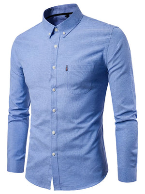 Sky blue cotton button-down shirt with pocket and buttoned collar.