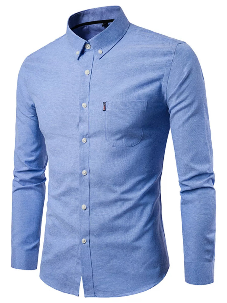 Sky blue cotton button-down shirt with pocket and buttoned collar.