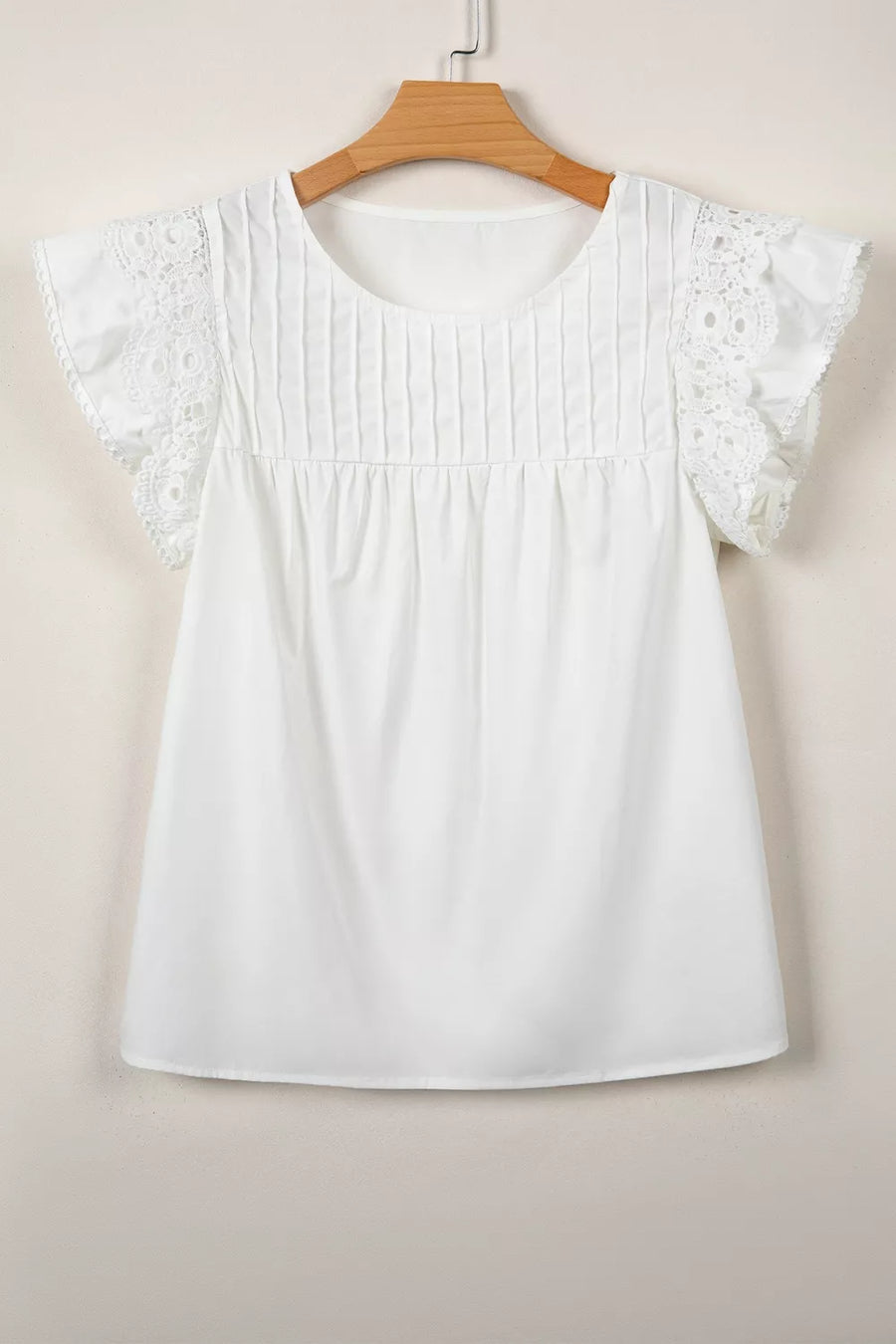 White cotton shirt with lace flutter sleeves and pleated front detail