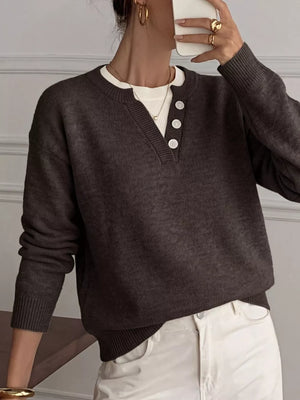 dark brown pullover sweater with hip-length and half-button
