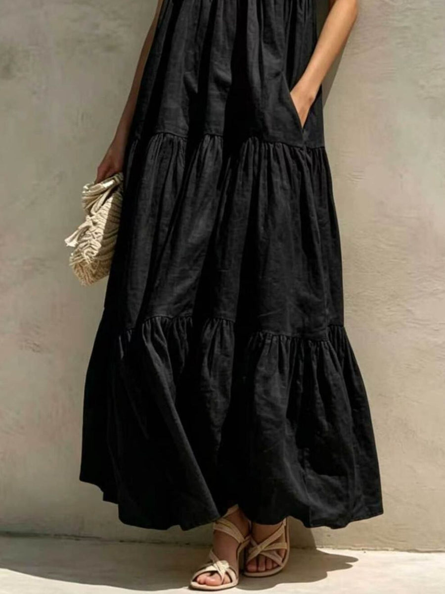 Tiered Scoop Neck Maxi Dress in Beige with tiered
