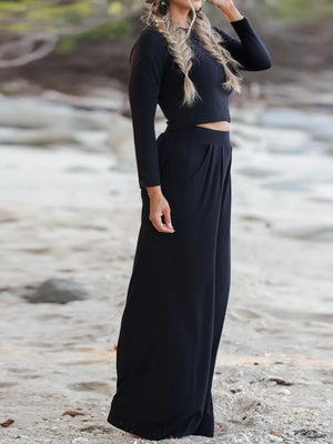 Black with Long Sleeve Crop Top And Wide-leg Pants Set
