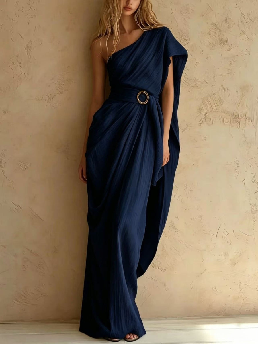 Army Green loose maxi dress with one-shoulder