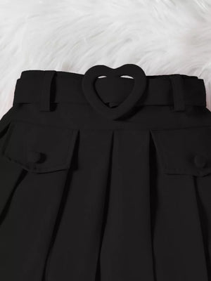 Black pleated skirt with heart buckle belt and button flap pockets