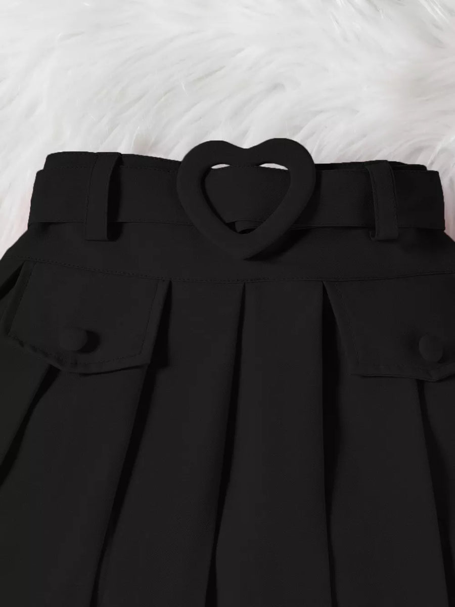 Black pleated skirt with heart buckle belt and button flap pockets
