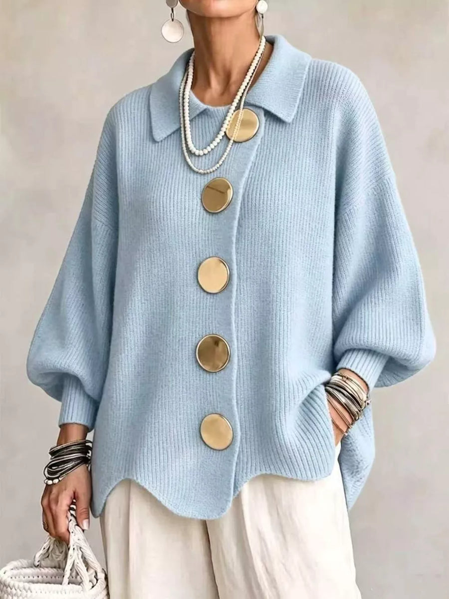 Burgundy cardigan with hip-length and button-front