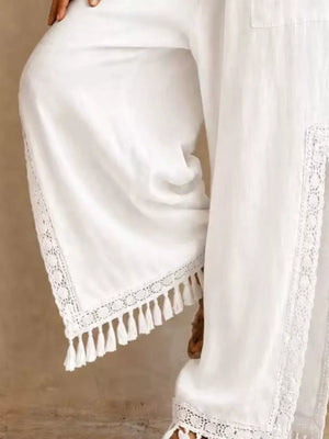wide-leg pants in light blue with drawstring waist and full-length