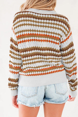 Khaki Striped Geometric Pattern Sweater