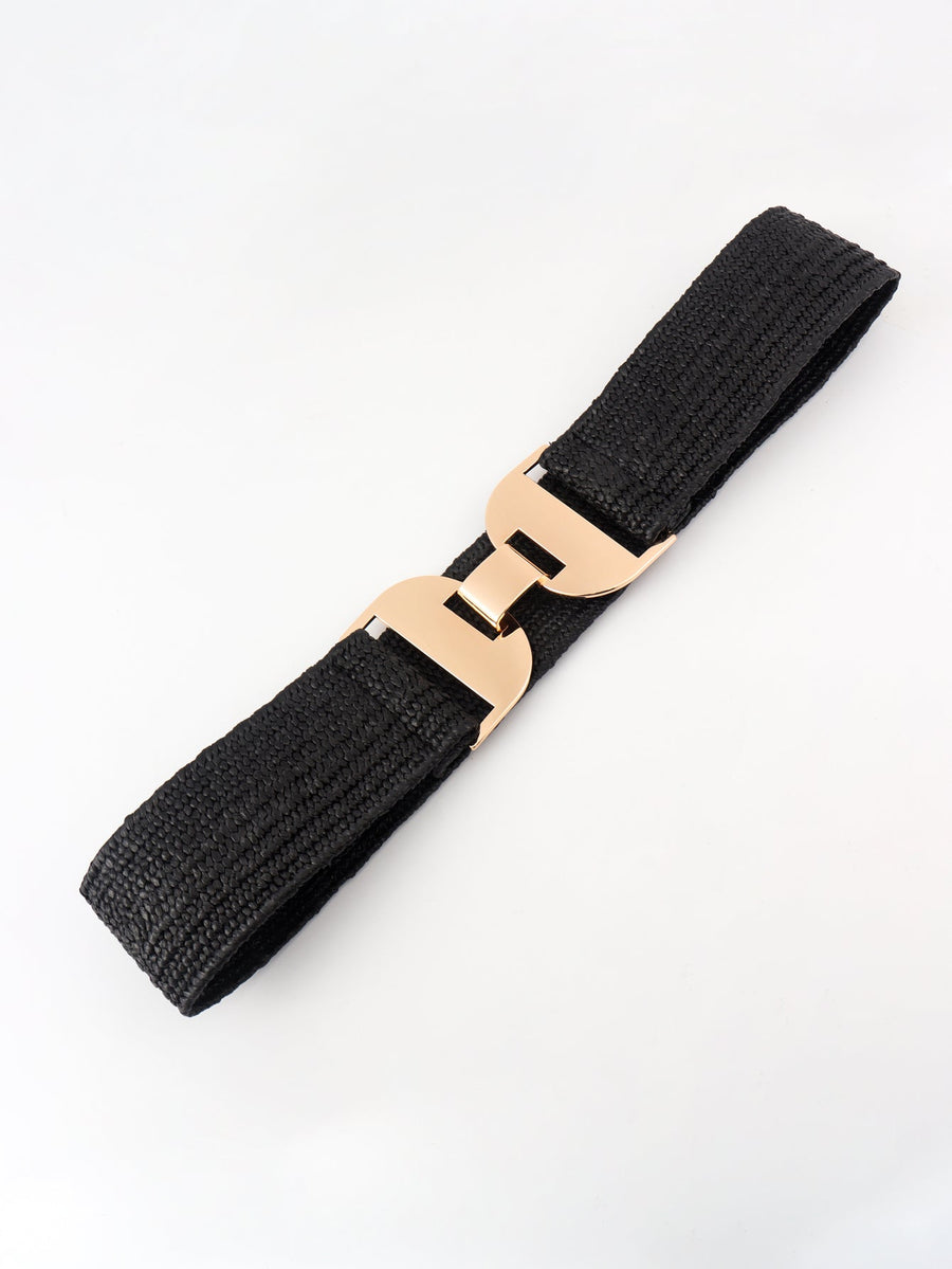 Black raffia belt with gold-tone double buckle detail