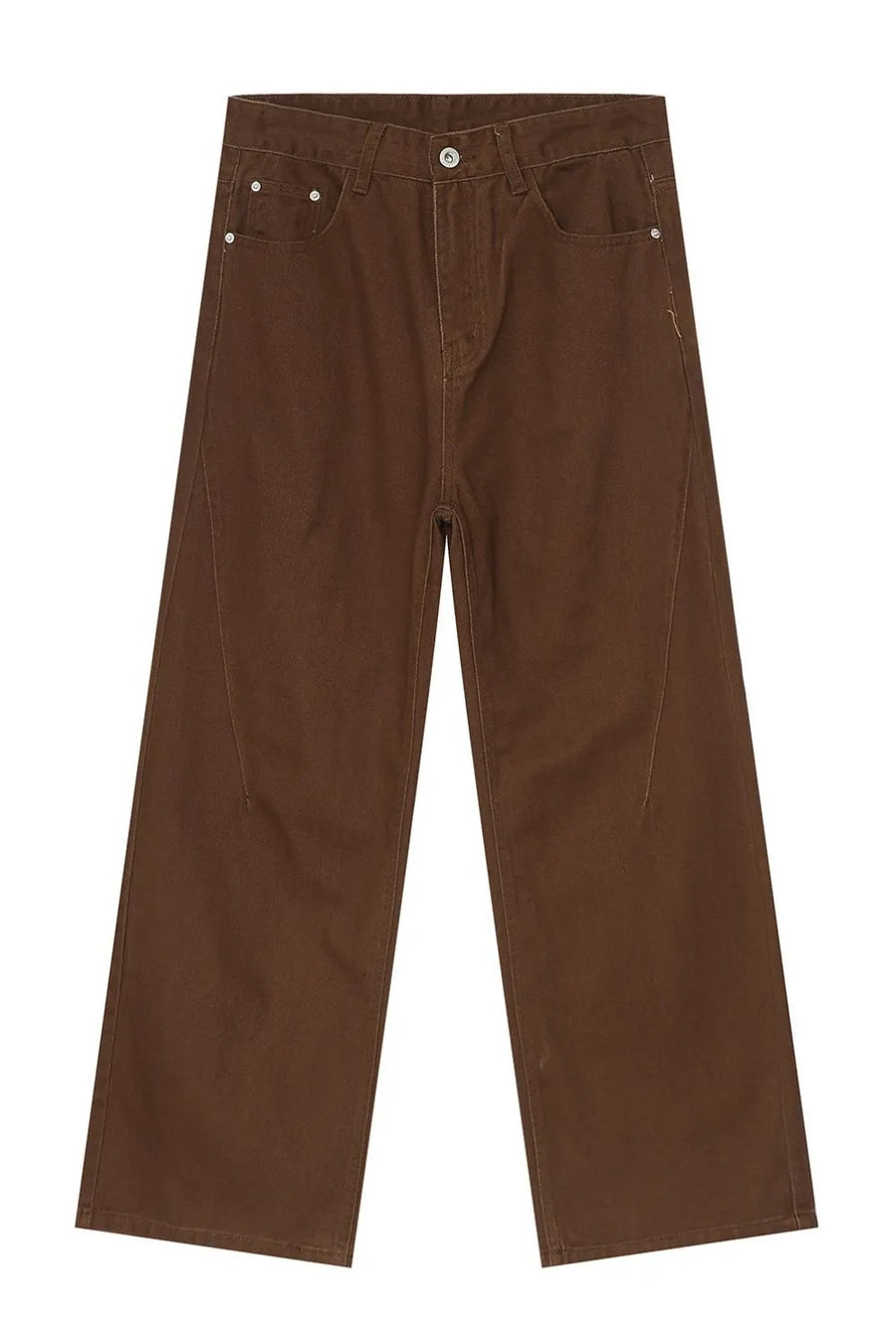 Brown wide-leg denim jeans with angular seams and a casual fit.